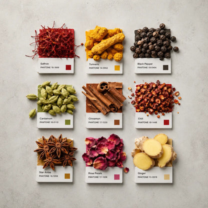 Example output from the Editorial Pantone Fragment Grids ChatGPT prompt: a Pantone-style color grid themed 'Spices', with swatches made from real spice fragments (saffron, turmeric, cinnamon, star anise, ginger and more), printed color chips and Swiss-style labels on a neutral background.