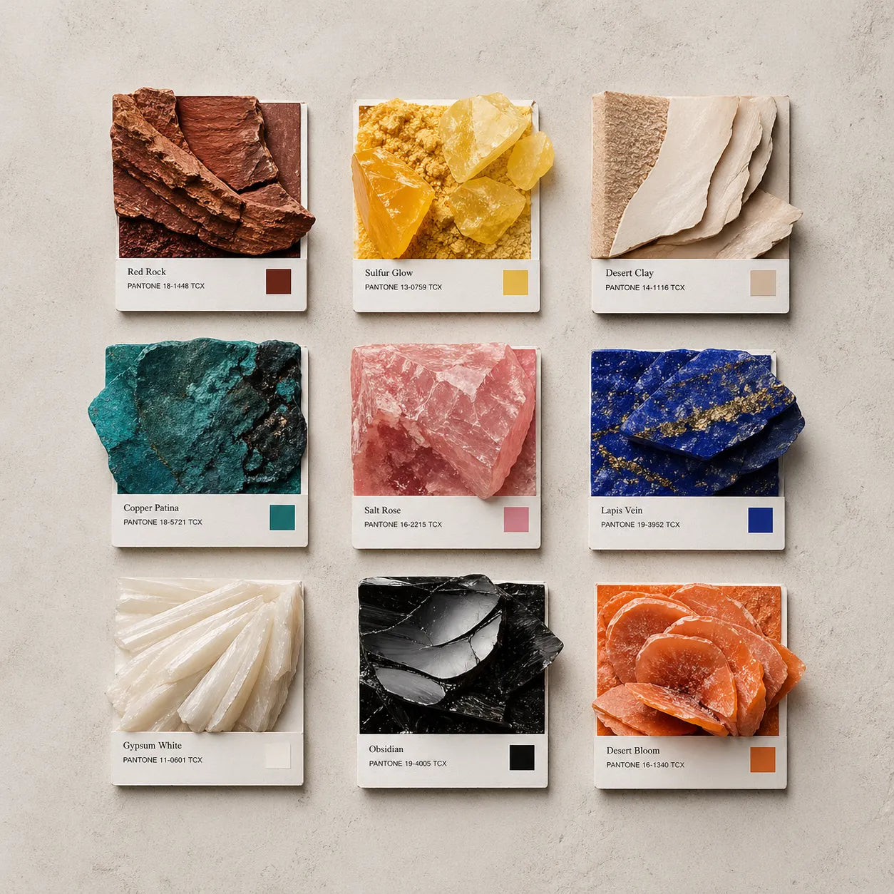 Example output from the Editorial Pantone Fragment Grids ChatGPT prompt: a Pantone-style color grid themed 'Stones', with swatches made from real stone and mineral fragments, printed color chips and Swiss-style labels on a neutral background.