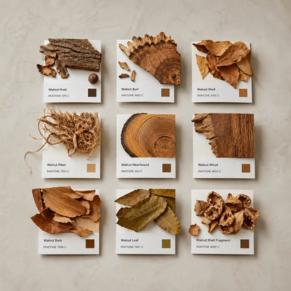 Example output from the Editorial Pantone Fragment Grids ChatGPT prompt: a Pantone-style color grid themed 'Walnuts', with swatches made from real walnut shell, wood and husk fragments, printed color chips and Swiss-style labels on a neutral background.