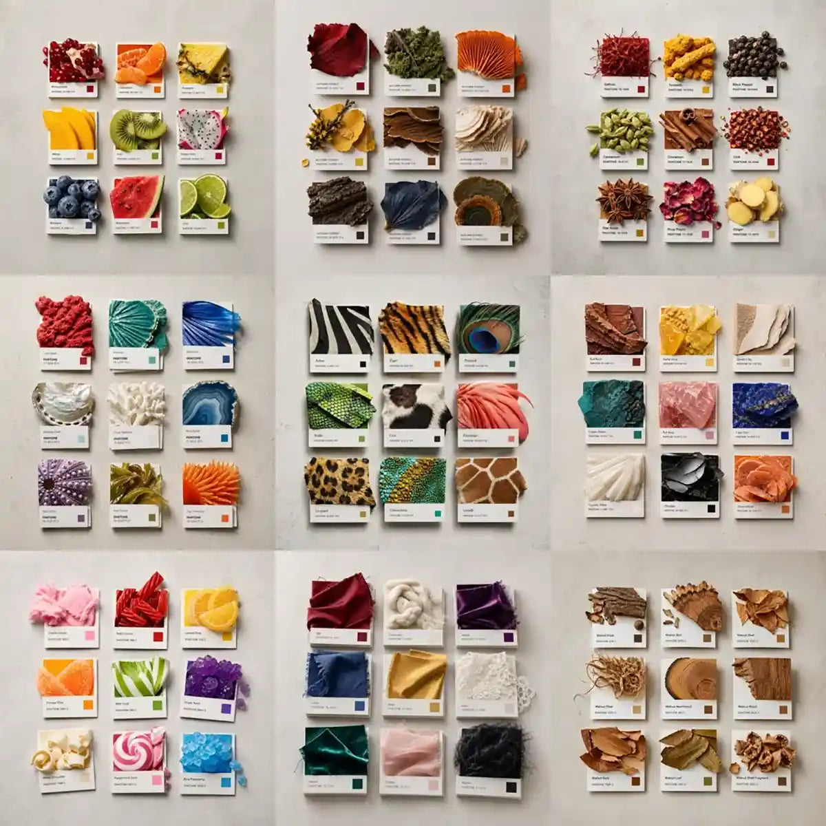 Example output from the Editorial Pantone Fragment Grids ChatGPT prompt: a set of refined Pantone-style color grids, each swatch made from a real tactile material fragment with a printed color chip and Swiss-style label — themed around fruits, spices, stones, fabrics, animal textures, ocean life, autumn forest and walnuts — on a neutral background.