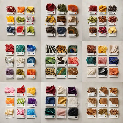 Example output from the Editorial Pantone Fragment Grids ChatGPT prompt: a set of refined Pantone-style color grids, each swatch made from a real tactile material fragment with a printed color chip and Swiss-style label — themed around fruits, spices, stones, fabrics, animal textures, ocean life, autumn forest and walnuts — on a neutral background.
