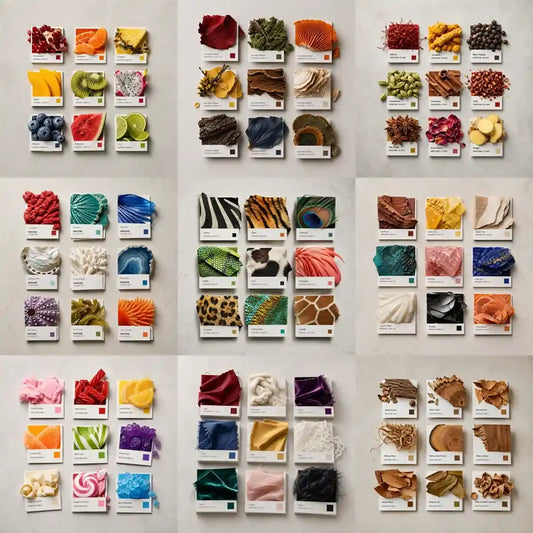 Example output from the Editorial Pantone Fragment Grids ChatGPT prompt: a set of refined Pantone-style color grids, each swatch made from a real tactile material fragment with a printed color chip and Swiss-style label — themed around fruits, spices, stones, fabrics, animal textures, ocean life, autumn forest and walnuts — on a neutral background.