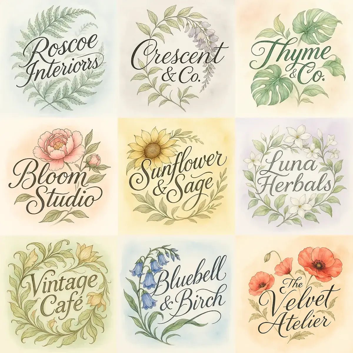 Example output from the Elegant Botanical Watercolor Logotype ChatGPT prompt: delicate logotypes like “Bloom Studio” and “Vintage Café” in flowing script, entwined with floral illustrations such as sunflowers, poppies, and ferns—set on pastel watercolor backgrounds.