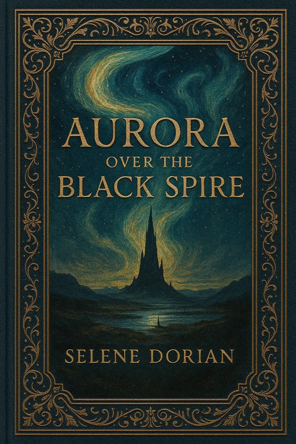 Example output from the Elegant Limited Edition Book Cover ChatGPT prompt: Aurora Over The Black Spire