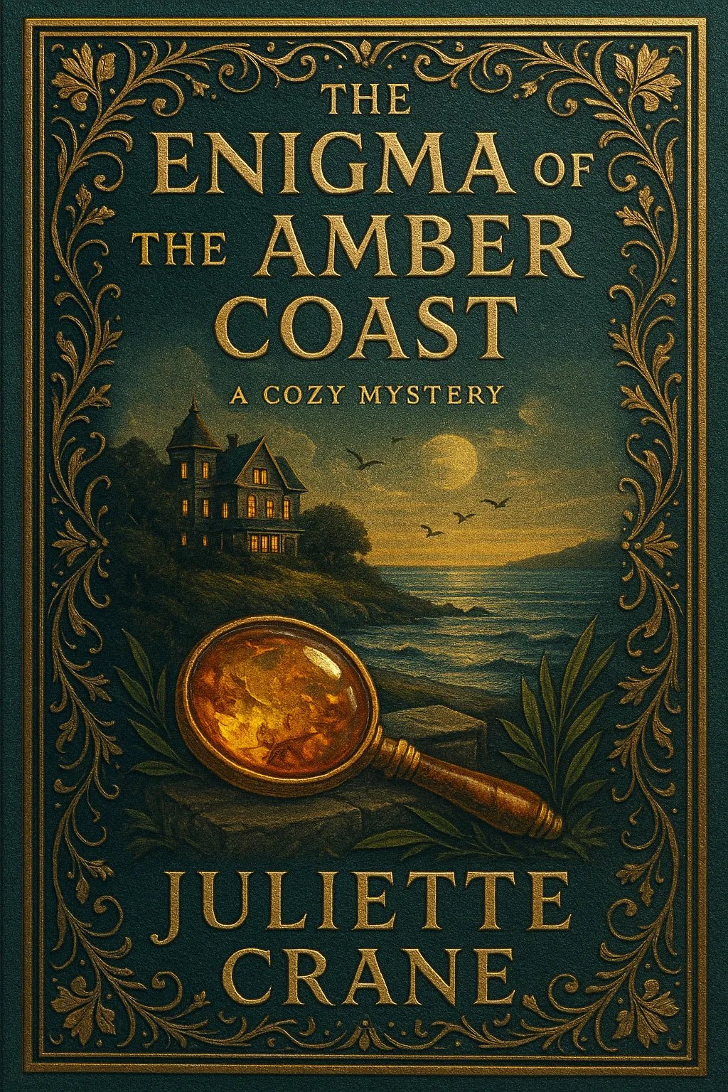 Example output from the Elegant Limited Edition Book Cover ChatGPT prompt: The Enigma of the Amber Coast