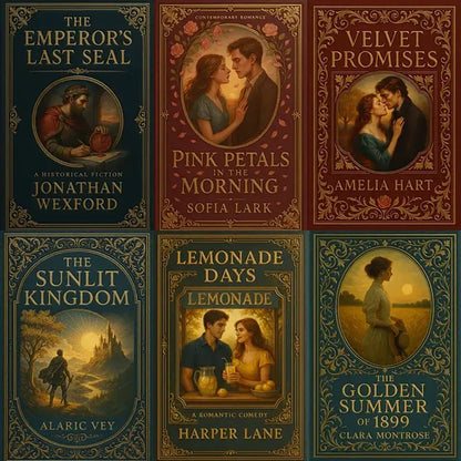 Example output from the Elegant Limited Edition Book Cover ChatGPT prompt: luxury collector-style book covers with embossed textures, foil details, rich colors, and fine-art portraits across historical fiction, romance, and fantasy genres.