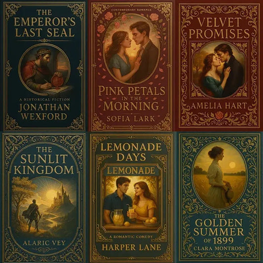 Example output from the Elegant Limited Edition Book Cover ChatGPT prompt: luxury collector-style book covers with embossed textures, foil details, rich colors, and fine-art portraits across historical fiction, romance, and fantasy genres.