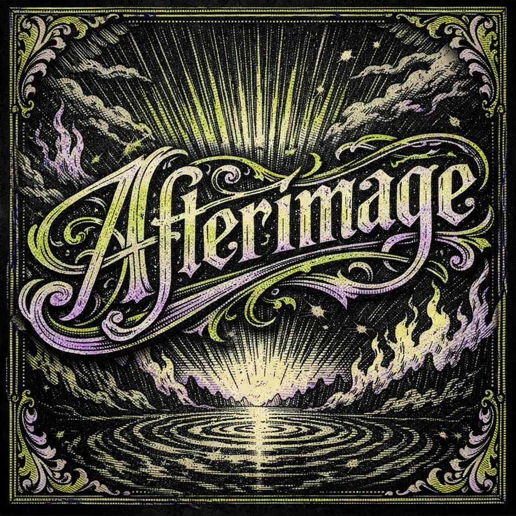 A decorative word rendered in ultra-detailed engraved lettering with vintage textures, ornate borders, dramatic lighting, and classic archival color palettes suitable for logos, posters, and branding: Aftermage