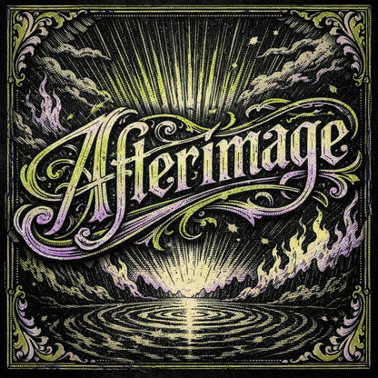 A decorative word rendered in ultra-detailed engraved lettering with vintage textures, ornate borders, dramatic lighting, and classic archival color palettes suitable for logos, posters, and branding: Aftermage