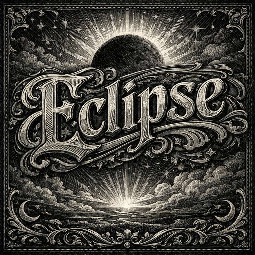 A decorative word rendered in ultra-detailed engraved lettering with vintage textures, ornate borders, dramatic lighting, and classic archival color palettes suitable for logos, posters, and branding: Eclipse