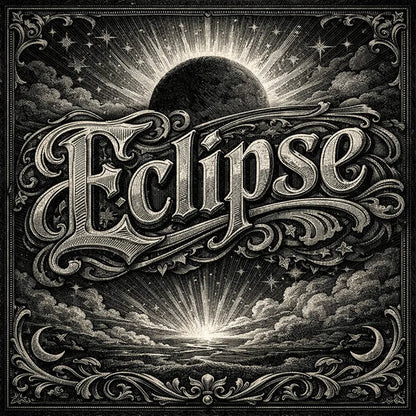 A decorative word rendered in ultra-detailed engraved lettering with vintage textures, ornate borders, dramatic lighting, and classic archival color palettes suitable for logos, posters, and branding: Eclipse