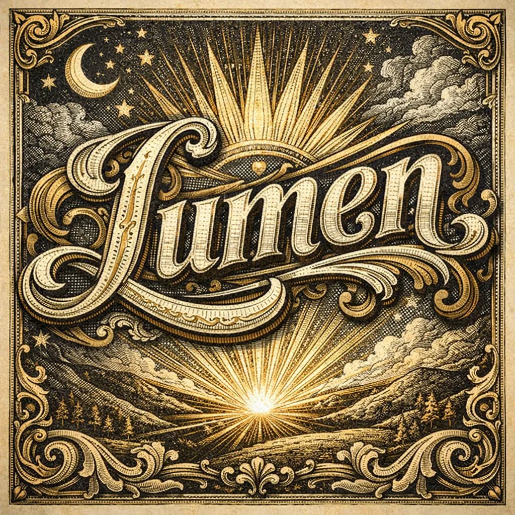 A decorative word rendered in ultra-detailed engraved lettering with vintage textures, ornate borders, dramatic lighting, and classic archival color palettes suitable for logos, posters, and branding: Lumen