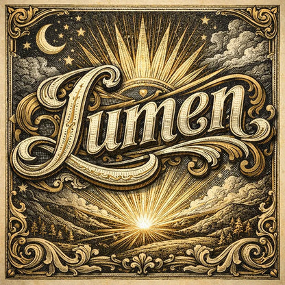 A decorative word rendered in ultra-detailed engraved lettering with vintage textures, ornate borders, dramatic lighting, and classic archival color palettes suitable for logos, posters, and branding: Lumen