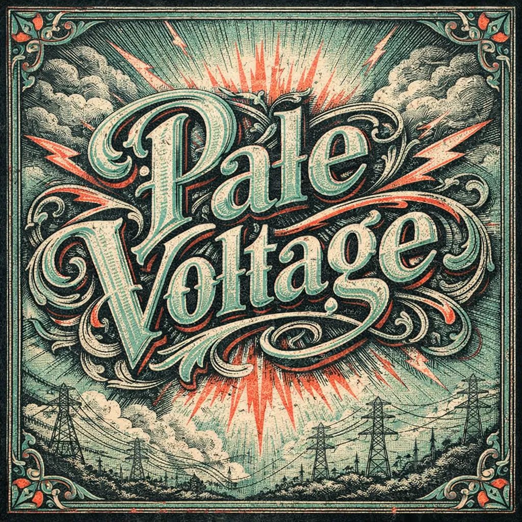 A decorative word rendered in ultra-detailed engraved lettering with vintage textures, ornate borders, dramatic lighting, and classic archival color palettes suitable for logos, posters, and branding: Pale Voltage