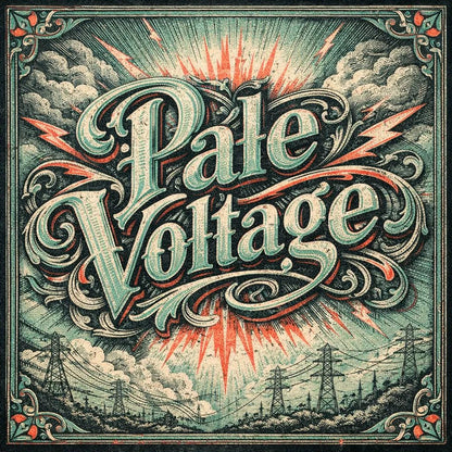 A decorative word rendered in ultra-detailed engraved lettering with vintage textures, ornate borders, dramatic lighting, and classic archival color palettes suitable for logos, posters, and branding: Pale Voltage