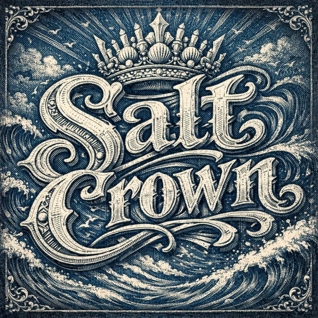 A decorative word rendered in ultra-detailed engraved lettering with vintage textures, ornate borders, dramatic lighting, and classic archival color palettes suitable for logos, posters, and branding: Salt Crown