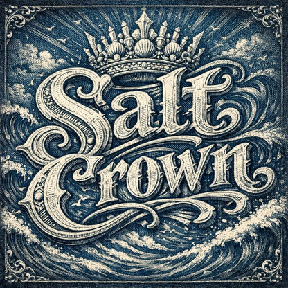 A decorative word rendered in ultra-detailed engraved lettering with vintage textures, ornate borders, dramatic lighting, and classic archival color palettes suitable for logos, posters, and branding: Salt Crown