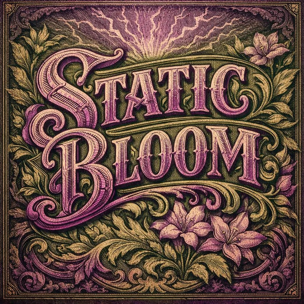 A decorative word rendered in ultra-detailed engraved lettering with vintage textures, ornate borders, dramatic lighting, and classic archival color palettes suitable for logos, posters, and branding: Static Bloom