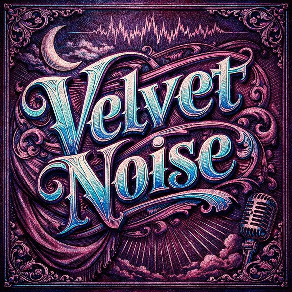 A decorative word rendered in ultra-detailed engraved lettering with vintage textures, ornate borders, dramatic lighting, and classic archival color palettes suitable for logos, posters, and branding: Velvet Noise