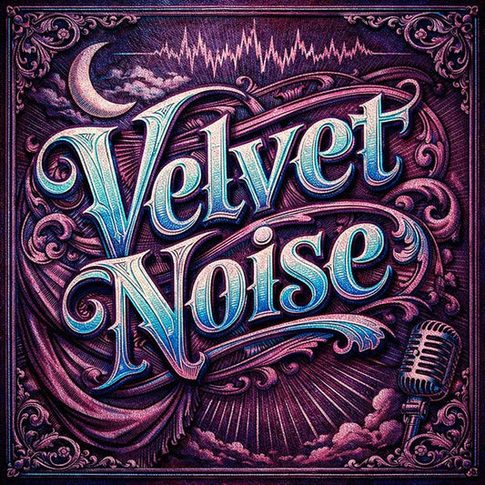 A decorative word rendered in ultra-detailed engraved lettering with vintage textures, ornate borders, dramatic lighting, and classic archival color palettes suitable for logos, posters, and branding: Velvet Noise