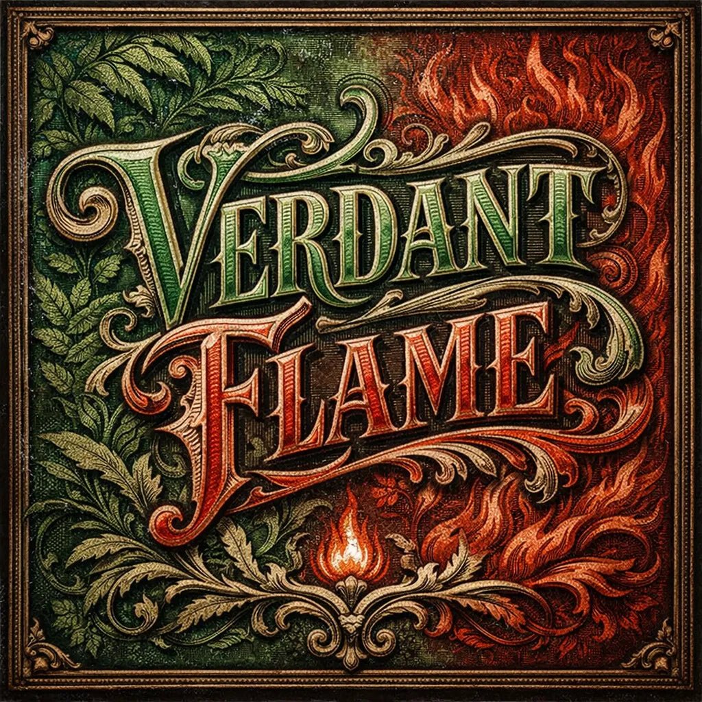 A decorative word rendered in ultra-detailed engraved lettering with vintage textures, ornate borders, dramatic lighting, and classic archival color palettes suitable for logos, posters, and branding: Verdant Flame