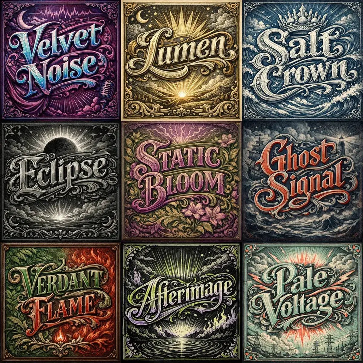 Example output collage showing nine square engraved typography designs. Each panel features a decorative word rendered in ultra-detailed engraved lettering with vintage textures, ornate borders, dramatic lighting, and classic archival color palettes suitable for logos, posters, and branding.