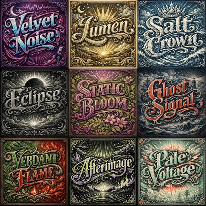Example output collage showing nine square engraved typography designs. Each panel features a decorative word rendered in ultra-detailed engraved lettering with vintage textures, ornate borders, dramatic lighting, and classic archival color palettes suitable for logos, posters, and branding.