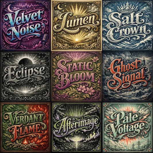 Example output collage showing nine square engraved typography designs. Each panel features a decorative word rendered in ultra-detailed engraved lettering with vintage textures, ornate borders, dramatic lighting, and classic archival color palettes suitable for logos, posters, and branding.