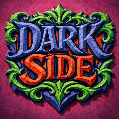 Colorful fantasy crest logo with ornate typography, mythical symbol, and bold emblem-style design on textured background: Dark Side