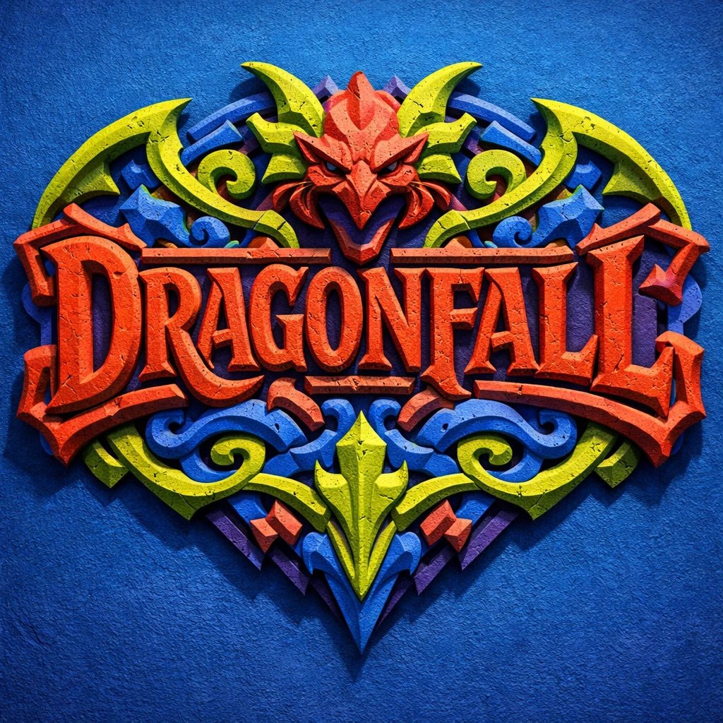 Colorful fantasy crest logo with ornate typography, mythical symbol, and bold emblem-style design on textured background: Dragonfall