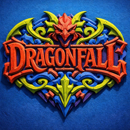 Colorful fantasy crest logo with ornate typography, mythical symbol, and bold emblem-style design on textured background: Dragonfall