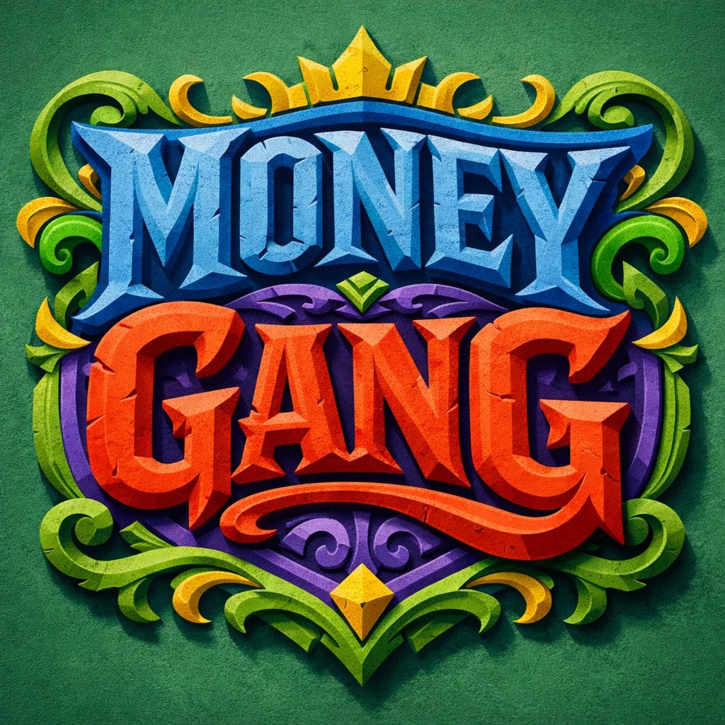 Colorful fantasy crest logo with ornate typography, mythical symbol, and bold emblem-style design on textured background: Money Gang
