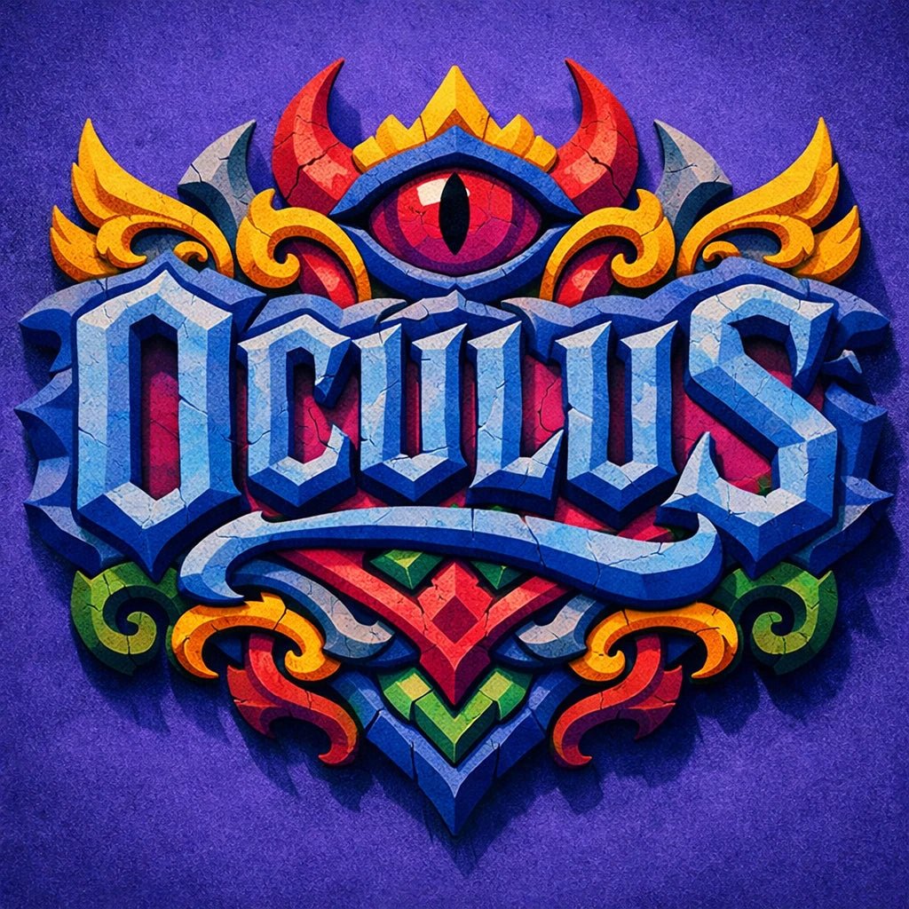 Colorful fantasy crest logo with ornate typography, mythical symbol, and bold emblem-style design on textured background: Oculus