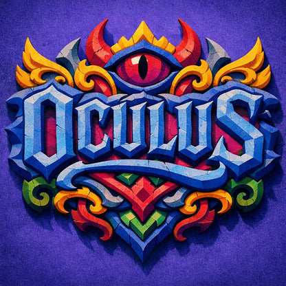 Colorful fantasy crest logo with ornate typography, mythical symbol, and bold emblem-style design on textured background: Oculus
