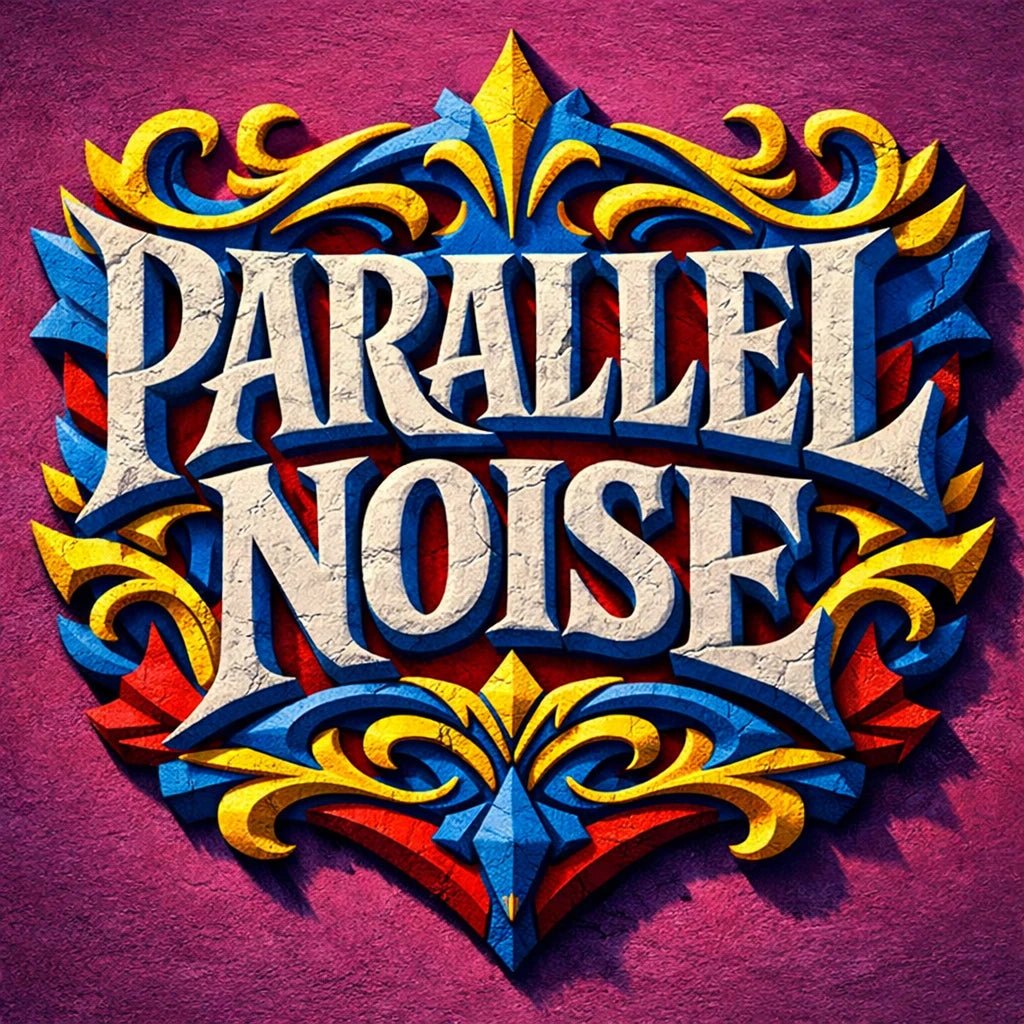 Colorful fantasy crest logo with ornate typography, mythical symbol, and bold emblem-style design on textured background: Parallel Noise