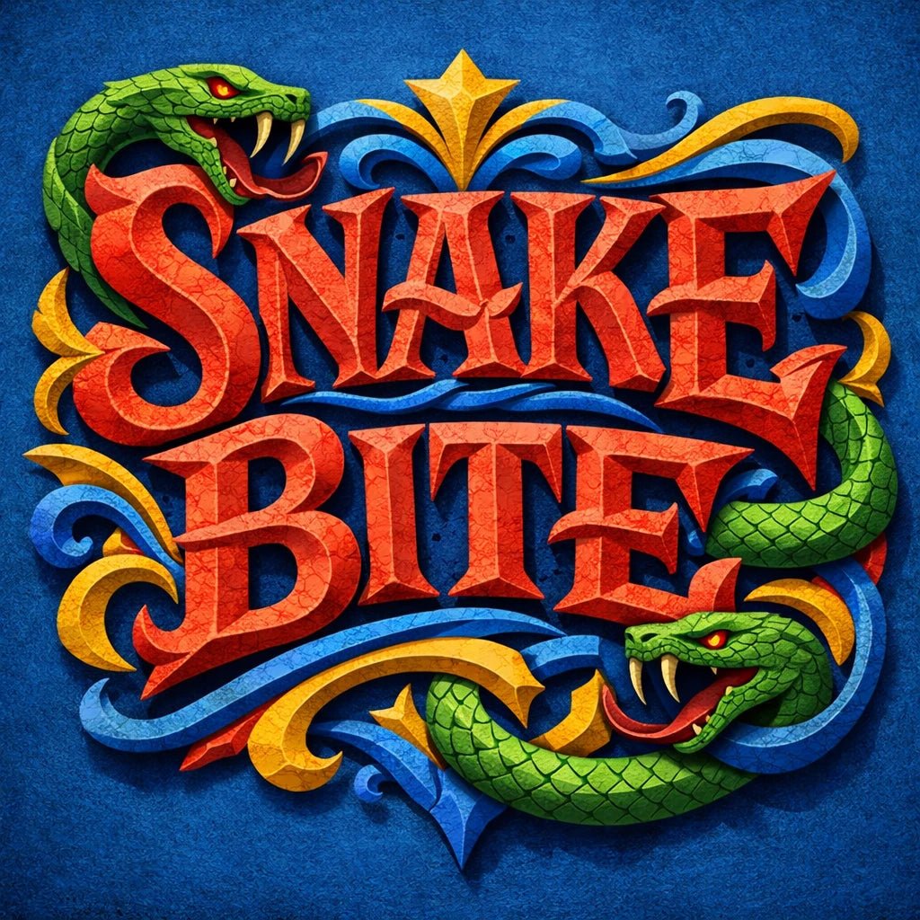 Colorful fantasy crest logo with ornate typography, mythical symbol, and bold emblem-style design on textured background: Snake Bite