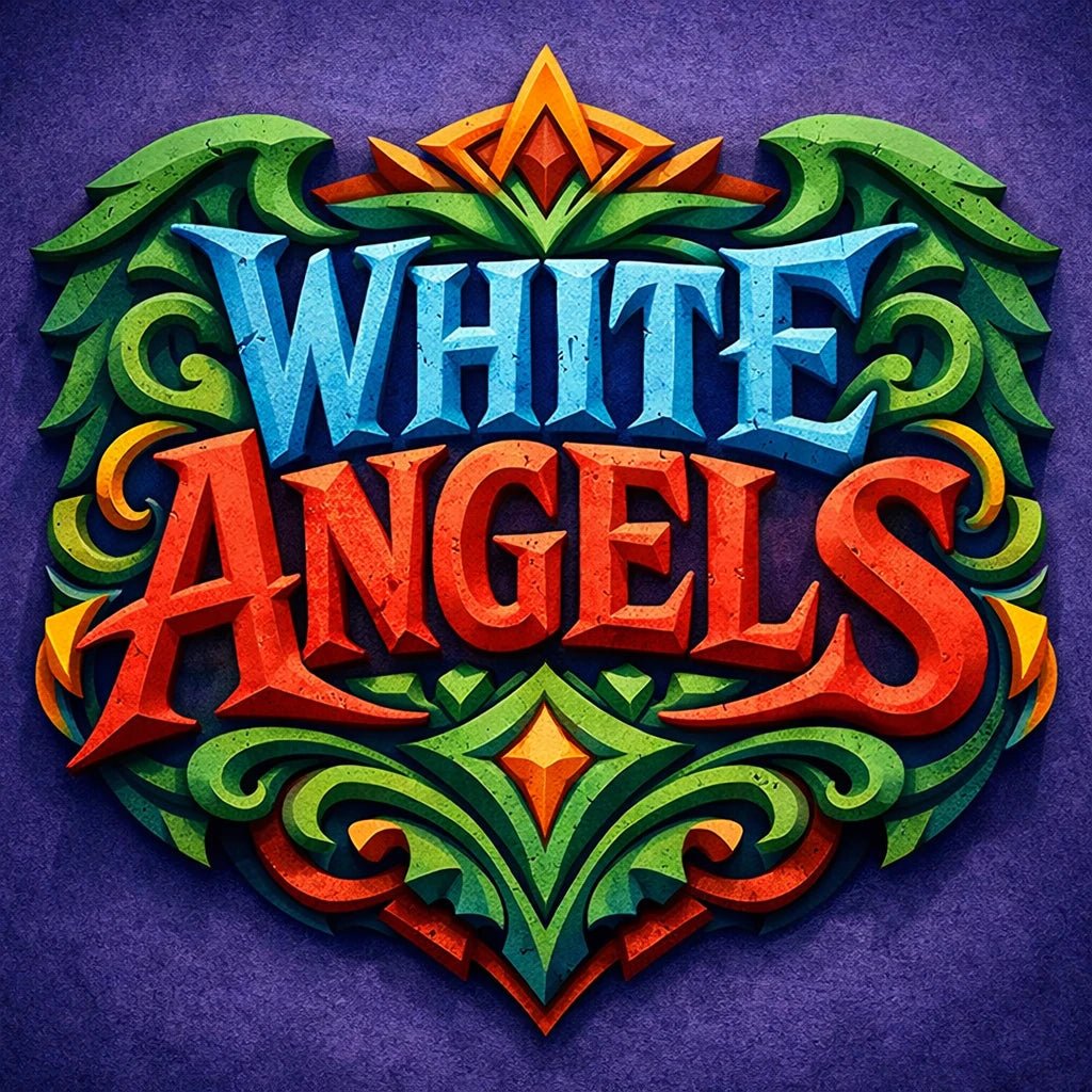 Colorful fantasy crest logo with ornate typography, mythical symbol, and bold emblem-style design on textured background: White Angels