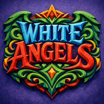 Colorful fantasy crest logo with ornate typography, mythical symbol, and bold emblem-style design on textured background: White Angels