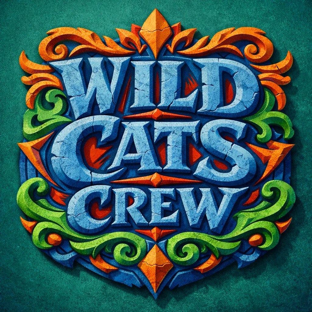 Colorful fantasy crest logo with ornate typography, mythical symbol, and bold emblem-style design on textured background: Wild Cats Crew