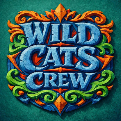 Colorful fantasy crest logo with ornate typography, mythical symbol, and bold emblem-style design on textured background: Wild Cats Crew