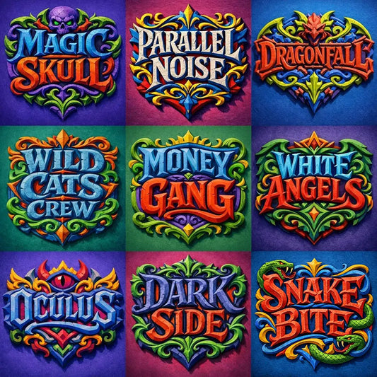 Grid of nine colorful fantasy crest logos with ornate typography, mythical symbols, and bold emblem-style designs on textured backgrounds.