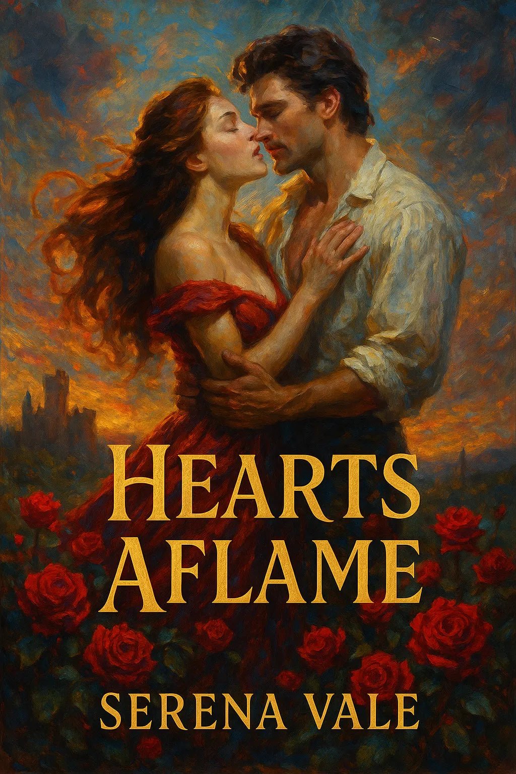 Example of richly detailed book cover artwork, featuring seamlessly integrated title text over bold painterly background: Hearts a Flame.