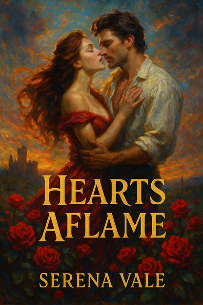 Example of richly detailed book cover artwork, featuring seamlessly integrated title text over bold painterly background: Hearts a Flame.