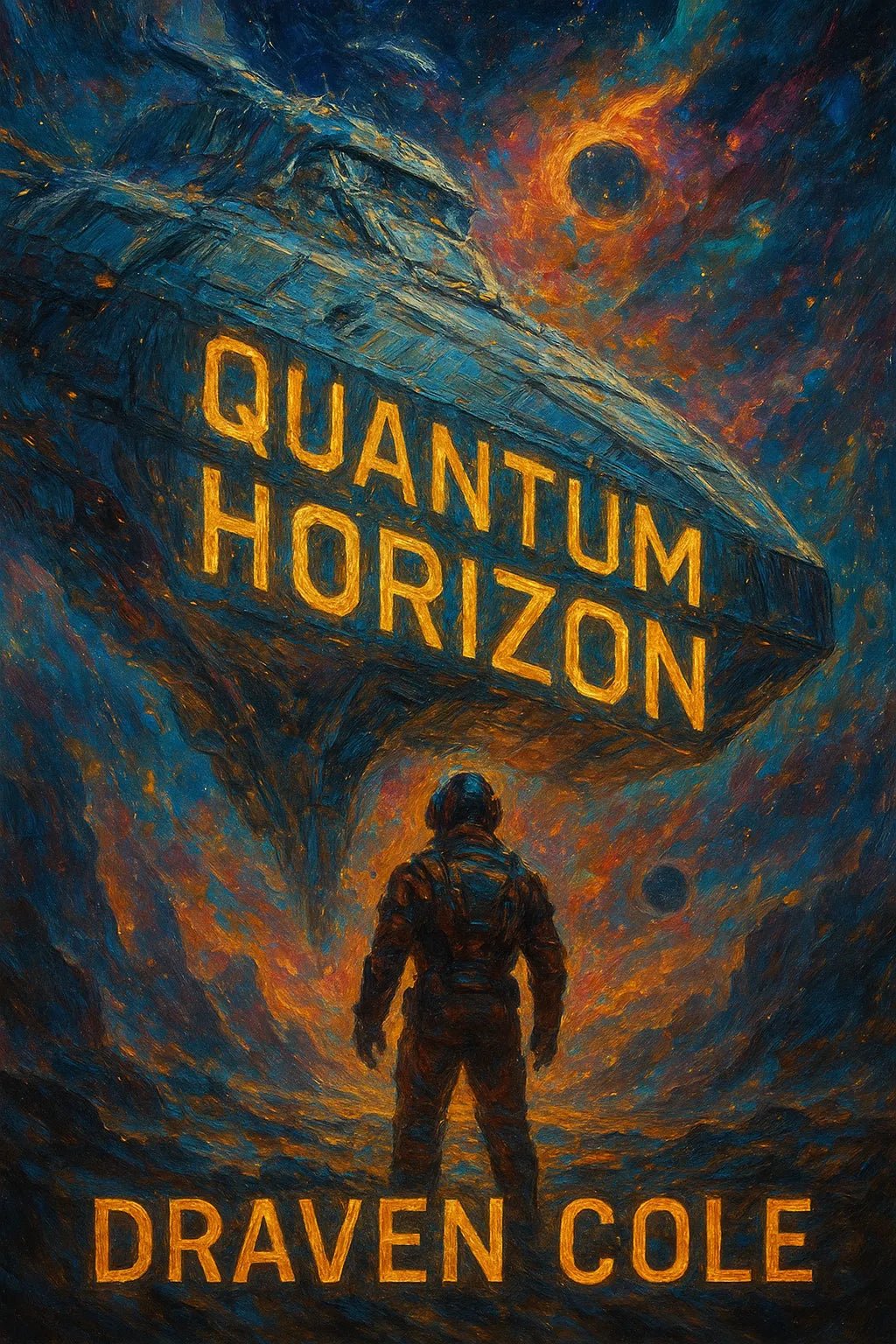 Example of richly detailed book cover artwork, featuring seamlessly integrated title text over bold painterly background: Quantum Horizon.