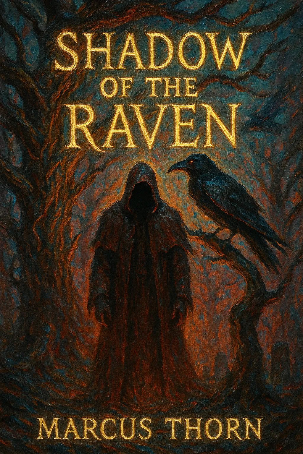 Example of richly detailed book cover artwork, featuring seamlessly integrated title text over bold painterly background: Shadow of the Raven.