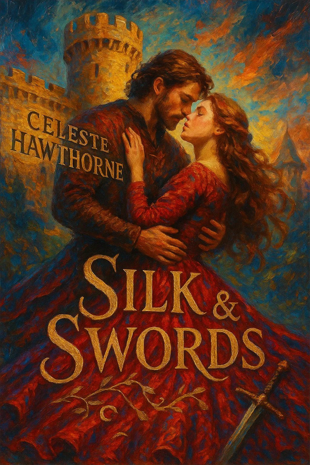 Example of richly detailed book cover artwork, featuring seamlessly integrated title text over bold painterly background: Silk & Swords.