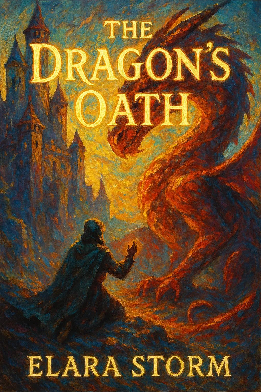 Example of richly detailed book cover artwork, featuring seamlessly integrated title text over bold painterly background: The Dragon;'s Oath.