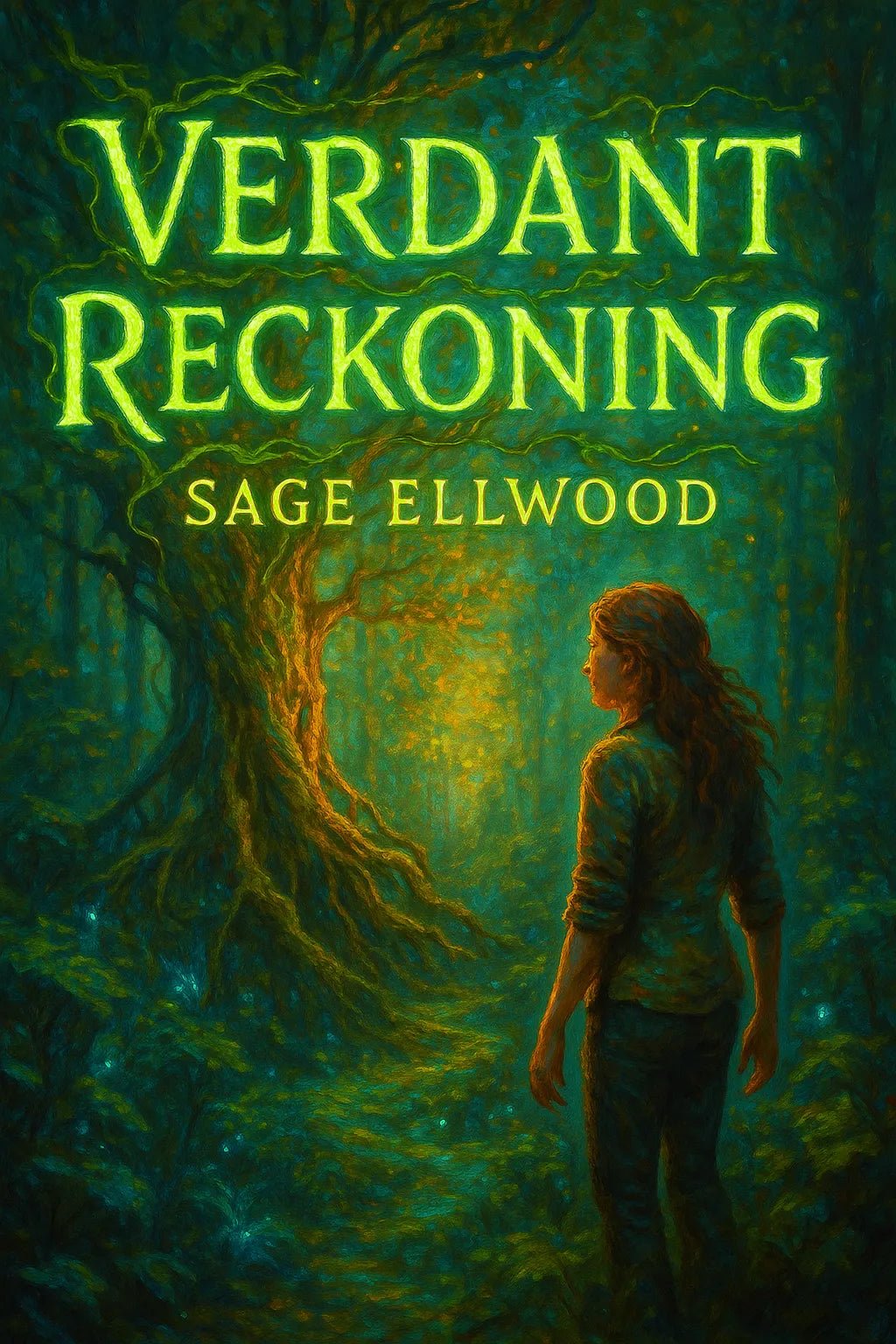 Example of richly detailed book cover artwork, featuring seamlessly integrated title text over bold painterly background: Verdant Reckoning.