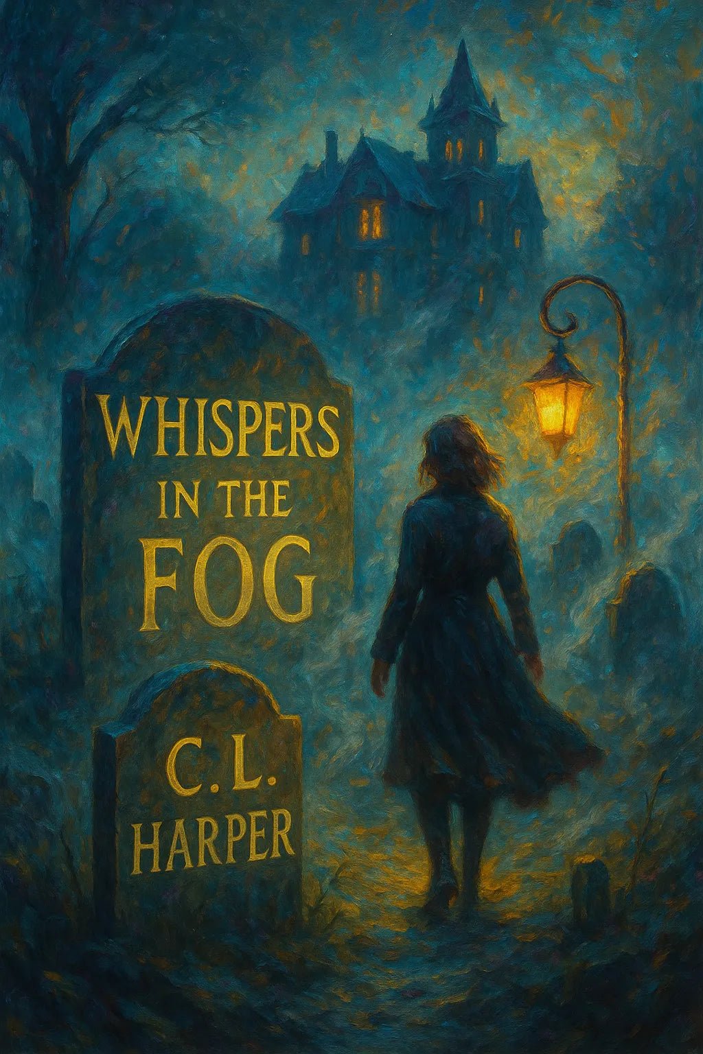 Example of richly detailed book cover artwork, featuring seamlessly integrated title text over bold painterly background: Whispers in the Fog.