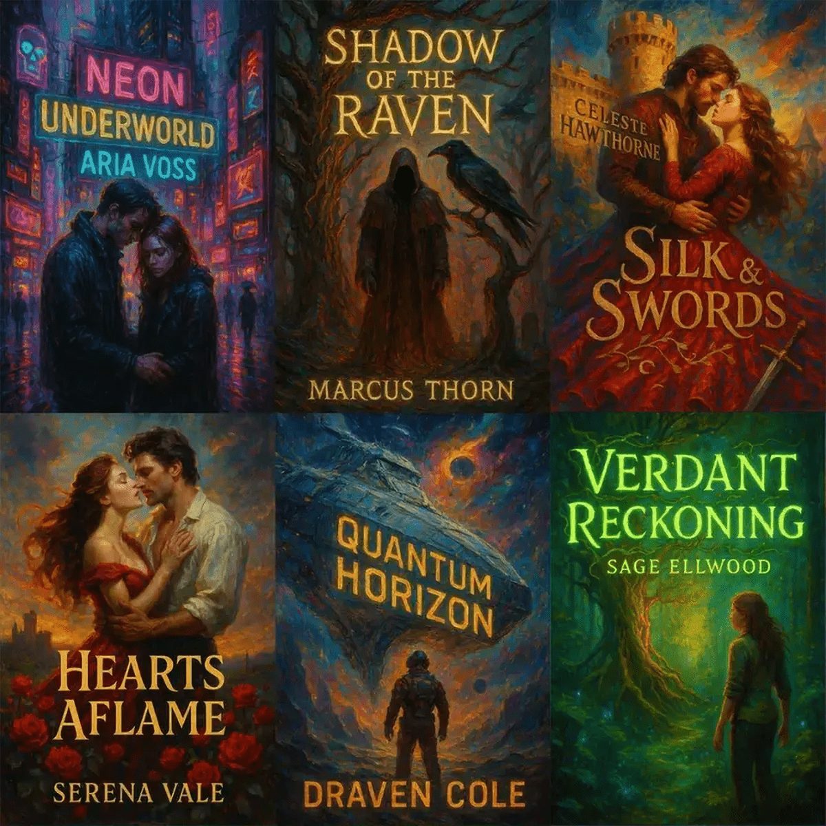 Example of a grid of richly detailed book cover artworks in varied genres, each featuring seamlessly integrated title text over bold painterly backgrounds with impasto textures and glowing rim lighting.